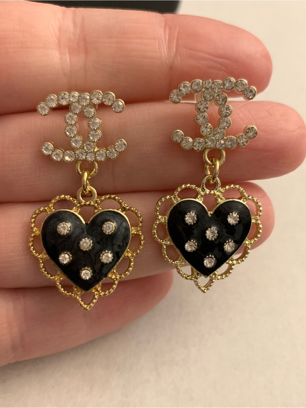 Fashion Jewelry Gold-Tone Crystal CC Drop Earrings with Black Enamel Hearts